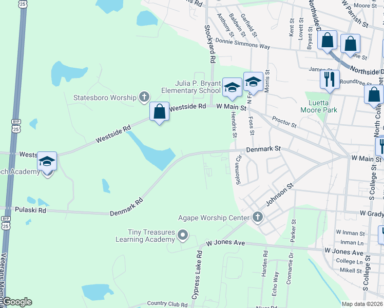 map of restaurants, bars, coffee shops, grocery stores, and more near 32 Pulaski Road in Statesboro