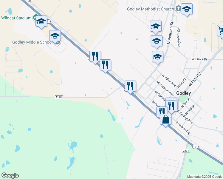 map of restaurants, bars, coffee shops, grocery stores, and more near 7512 County Road 1128 in Godley