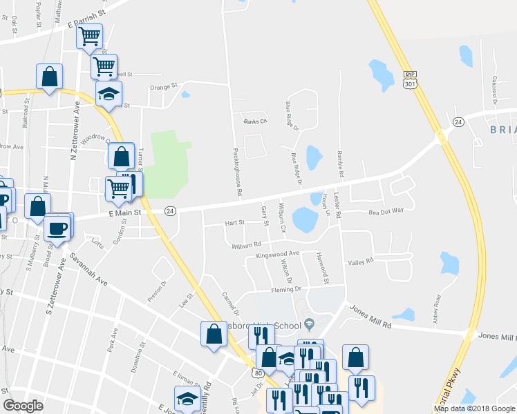 map of restaurants, bars, coffee shops, grocery stores, and more near 101 Gary Street in Statesboro