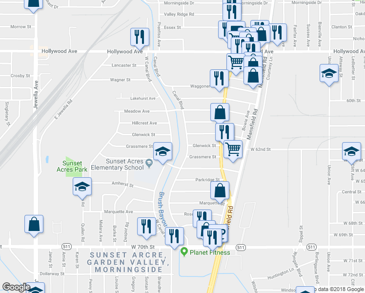 map of restaurants, bars, coffee shops, grocery stores, and more near 6302 Canal Boulevard in Shreveport