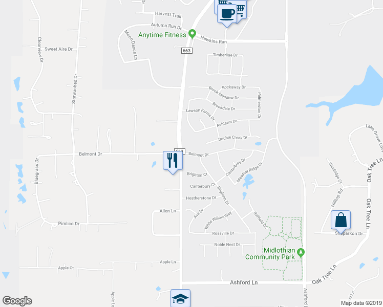 map of restaurants, bars, coffee shops, grocery stores, and more near 229 Belmont Drive in Midlothian