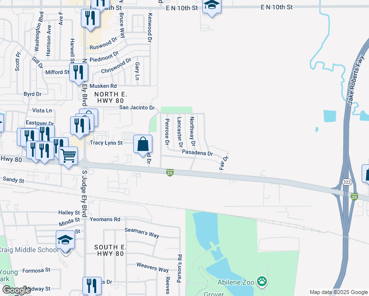 map of restaurants, bars, coffee shops, grocery stores, and more near 343 Lancaster Drive in Abilene
