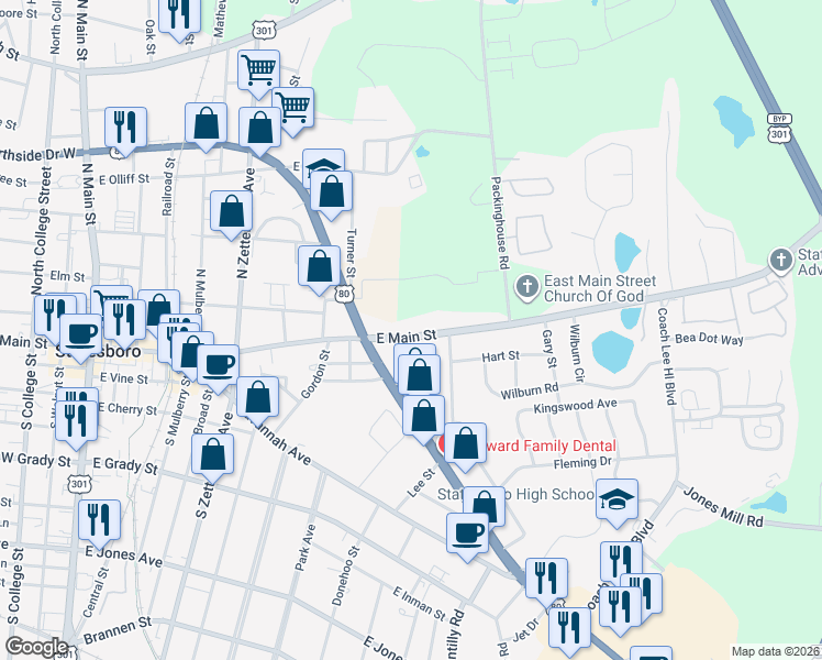 map of restaurants, bars, coffee shops, grocery stores, and more near 331 East Main Street in Statesboro
