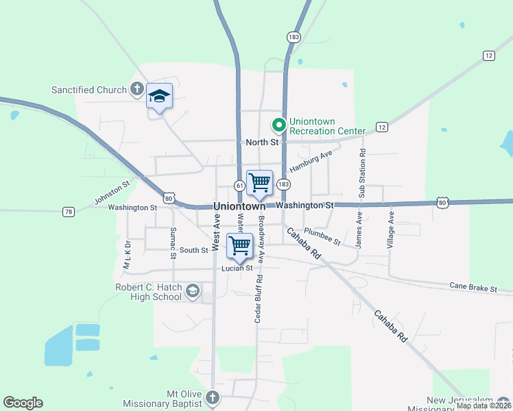 map of restaurants, bars, coffee shops, grocery stores, and more near 611 Washington Street in Uniontown