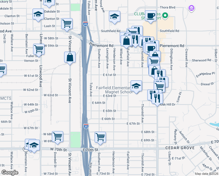map of restaurants, bars, coffee shops, grocery stores, and more near 6127 Lexington Avenue in Shreveport