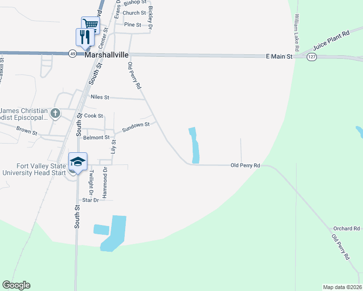 map of restaurants, bars, coffee shops, grocery stores, and more near 320 Old Perry Rd in Marshallville