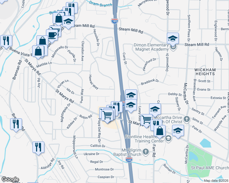 map of restaurants, bars, coffee shops, grocery stores, and more near 3866 Hawaii Way in Columbus
