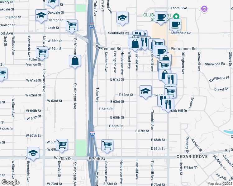 map of restaurants, bars, coffee shops, grocery stores, and more near 6127 Lexington Avenue in Shreveport