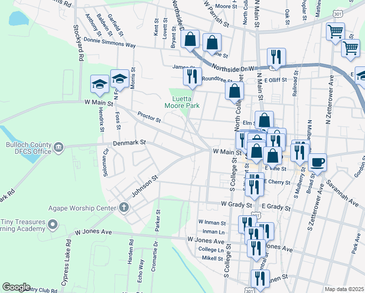 map of restaurants, bars, coffee shops, grocery stores, and more near 210 West Main Street in Statesboro
