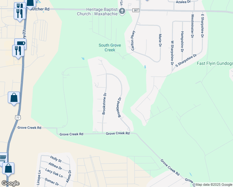 map of restaurants, bars, coffee shops, grocery stores, and more near 239 Brookbend Drive in Waxahachie