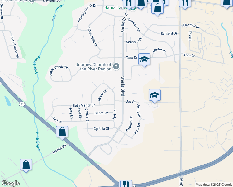 map of restaurants, bars, coffee shops, grocery stores, and more near 258 Teri Lane in Prattville