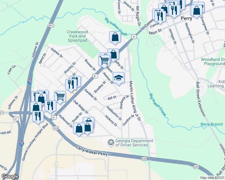 map of restaurants, bars, coffee shops, grocery stores, and more near 522 Betty Street in Perry