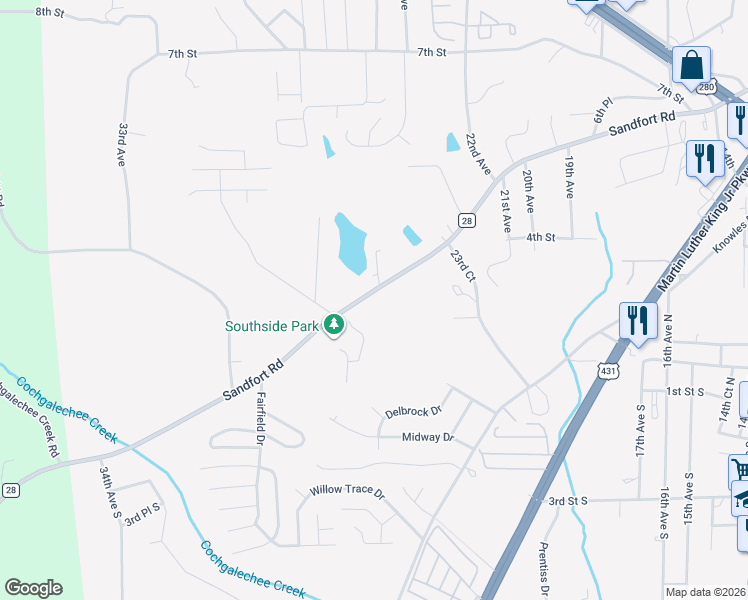 map of restaurants, bars, coffee shops, grocery stores, and more near 2421 Sandfort Road in Phenix City