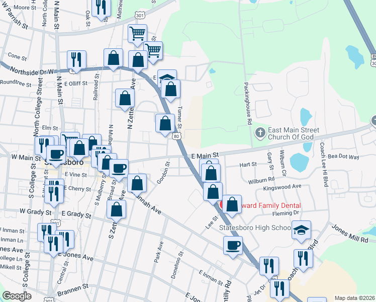 map of restaurants, bars, coffee shops, grocery stores, and more near 196 Northside Drive East in Statesboro