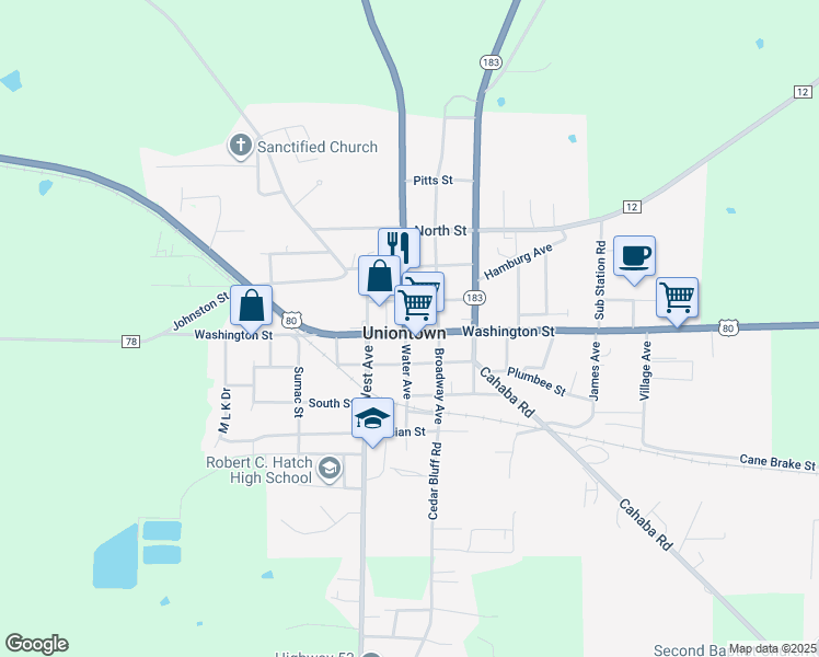 map of restaurants, bars, coffee shops, grocery stores, and more near in Uniontown