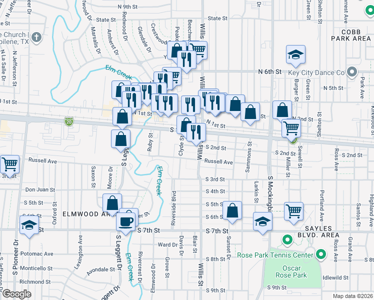 map of restaurants, bars, coffee shops, grocery stores, and more near 3347 South 2nd Street in Abilene