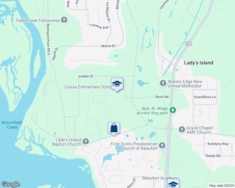 map of restaurants, bars, coffee shops, grocery stores, and more near 45 Middle Road in Beaufort