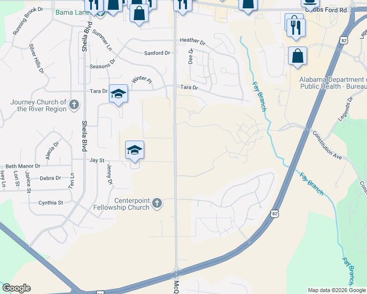 map of restaurants, bars, coffee shops, grocery stores, and more near 997-1029 McQueen Smith Road South in Prattville