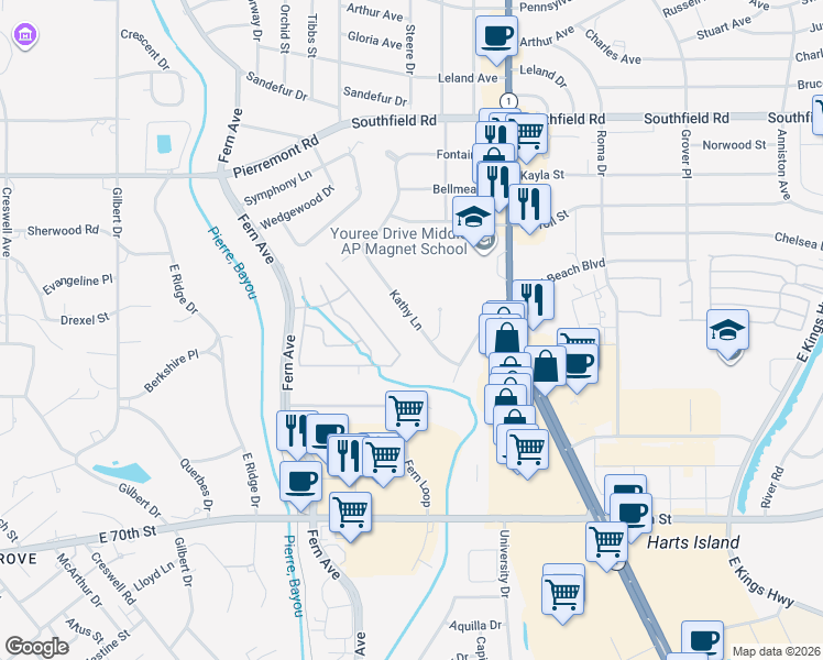 map of restaurants, bars, coffee shops, grocery stores, and more near 6218 Kathy Ln in Shreveport