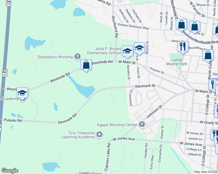 map of restaurants, bars, coffee shops, grocery stores, and more near 32 Pulaski Road in Statesboro