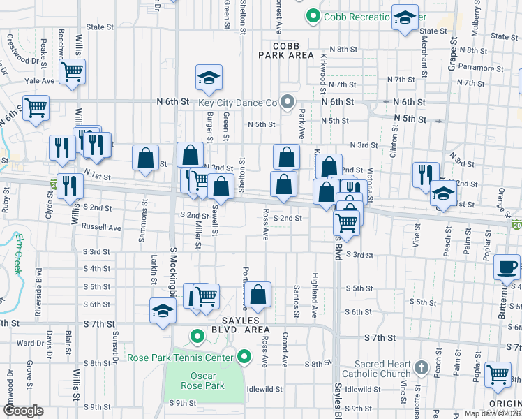map of restaurants, bars, coffee shops, grocery stores, and more near 2501 South 1st Street in Abilene