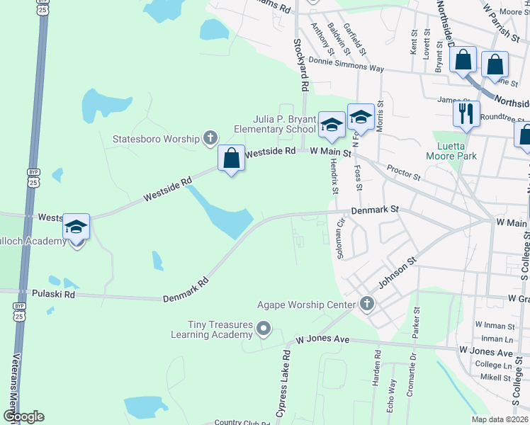 map of restaurants, bars, coffee shops, grocery stores, and more near 32 Pulaski Road in Statesboro