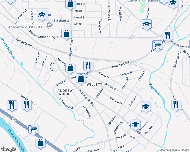 map of restaurants, bars, coffee shops, grocery stores, and more near 2319 Garden Drive in Columbus