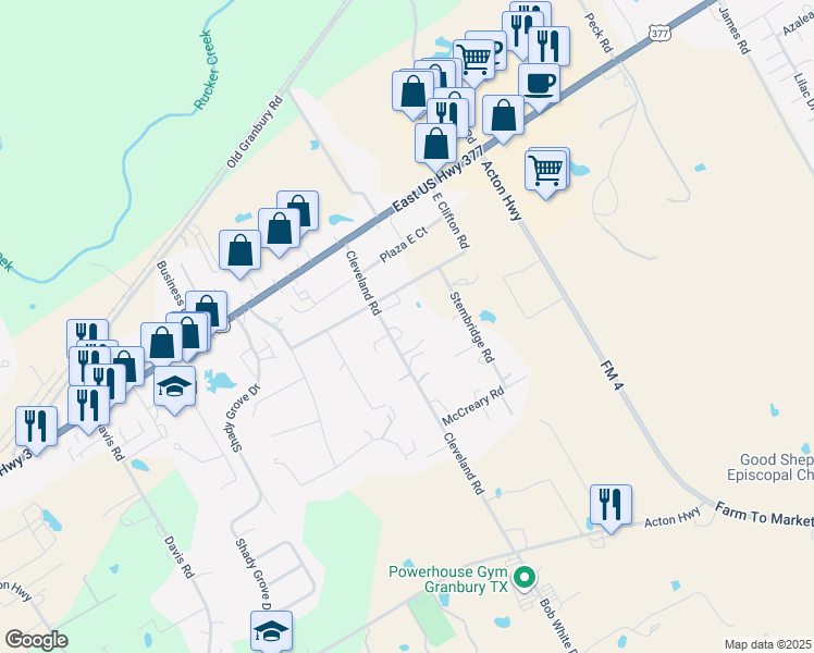 map of restaurants, bars, coffee shops, grocery stores, and more near 407 Cleveland Road in Granbury