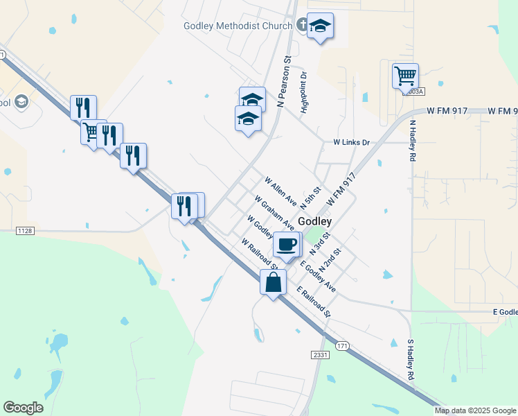 map of restaurants, bars, coffee shops, grocery stores, and more near 313 West Graham Street in Godley