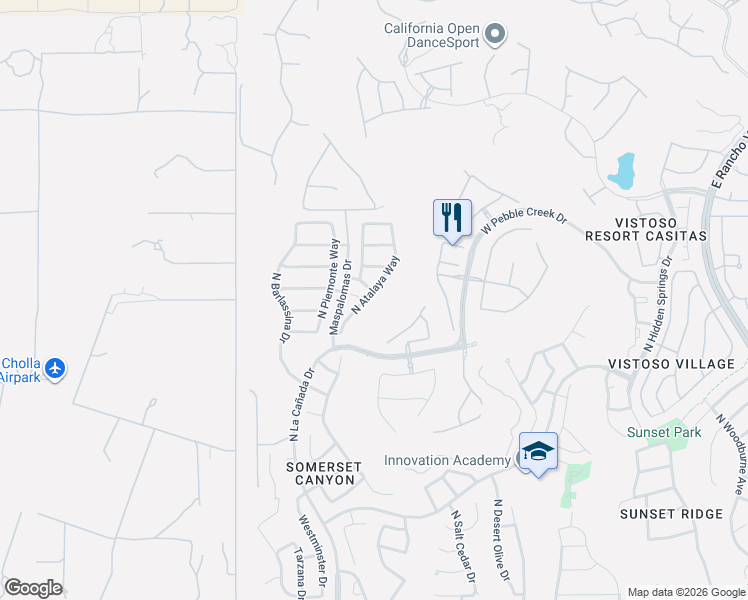 map of restaurants, bars, coffee shops, grocery stores, and more near 13430 North Atalaya Way in Oro Valley