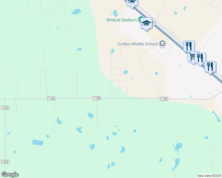 map of restaurants, bars, coffee shops, grocery stores, and more near Leo Hills in Godley