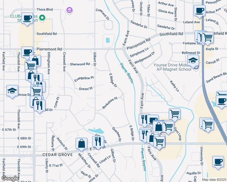 map of restaurants, bars, coffee shops, grocery stores, and more near 341 Waldomar Lane in Shreveport