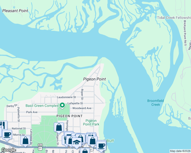 map of restaurants, bars, coffee shops, grocery stores, and more near 1 Albert Street in Beaufort