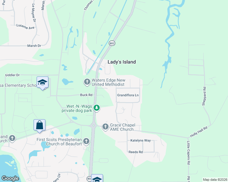 map of restaurants, bars, coffee shops, grocery stores, and more near 18 Southern Magnolia Drive in Beaufort