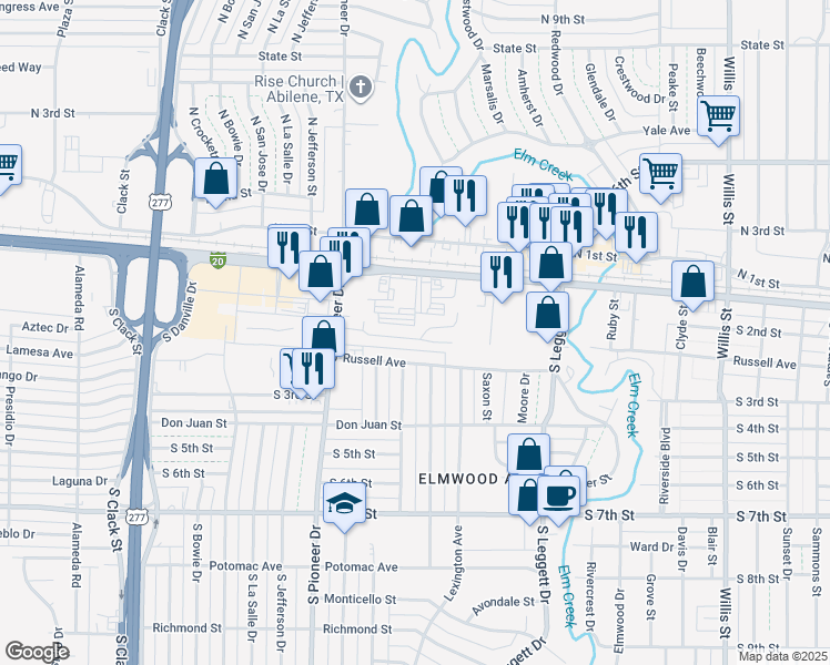 map of restaurants, bars, coffee shops, grocery stores, and more near 161 South Pioneer Drive in Abilene