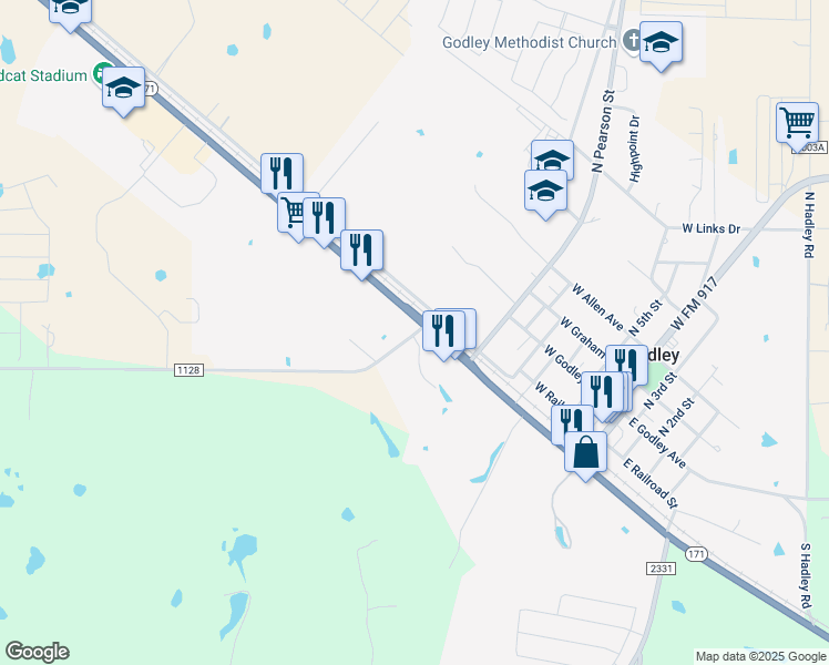 map of restaurants, bars, coffee shops, grocery stores, and more near 1731 State Highway 171 in Godley
