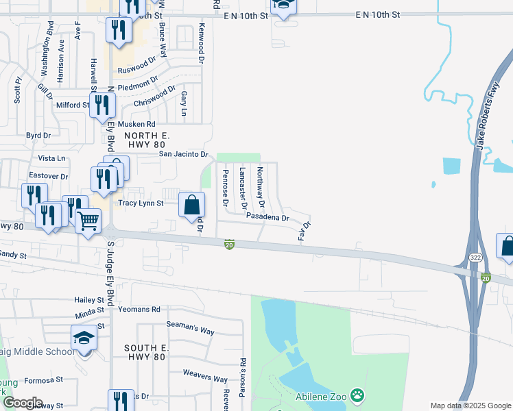 map of restaurants, bars, coffee shops, grocery stores, and more near 343 Lancaster Drive in Abilene