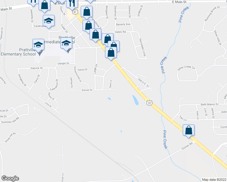 map of restaurants, bars, coffee shops, grocery stores, and more near 624 Sunset Drive in Prattville