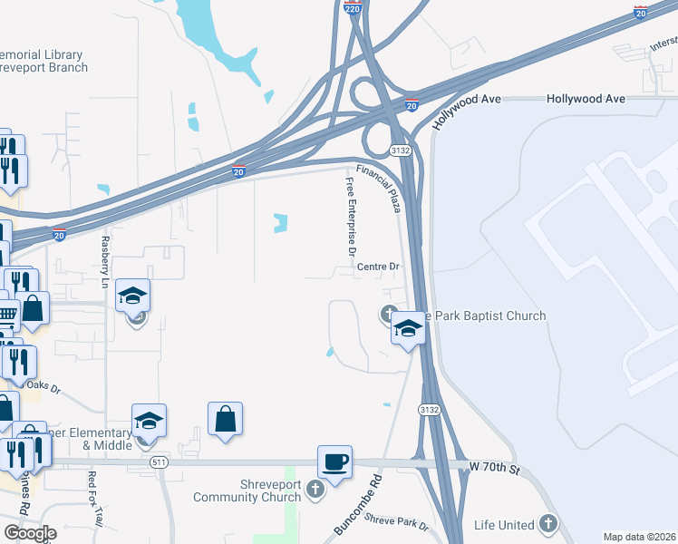 map of restaurants, bars, coffee shops, grocery stores, and more near 19 Centre Drive in Shreveport