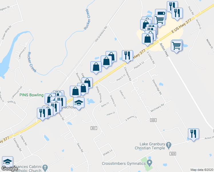 map of restaurants, bars, coffee shops, grocery stores, and more near 115 Granbury Court in Granbury