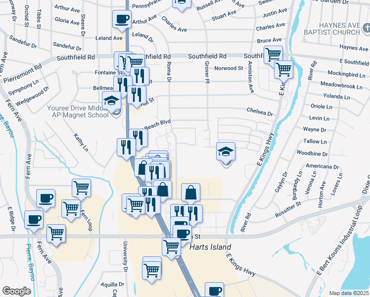 map of restaurants, bars, coffee shops, grocery stores, and more near 6051 Roma Drive in Shreveport