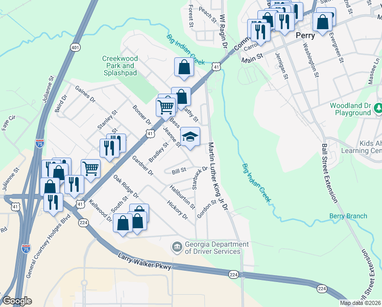 map of restaurants, bars, coffee shops, grocery stores, and more near in Perry