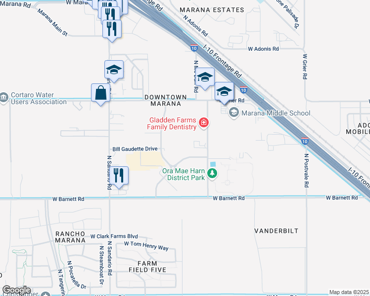 map of restaurants, bars, coffee shops, grocery stores, and more near 13387 North Lon Adams Road in Marana