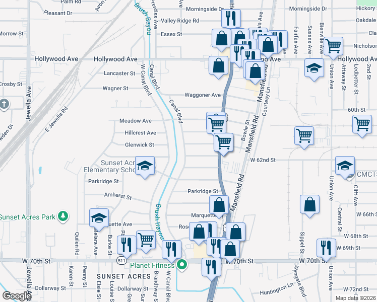 map of restaurants, bars, coffee shops, grocery stores, and more near 6395 Buncombe Road in Shreveport