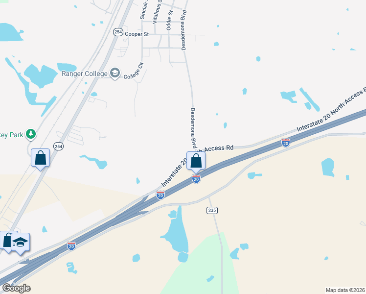 map of restaurants, bars, coffee shops, grocery stores, and more near 20 County Road 235 in Ranger