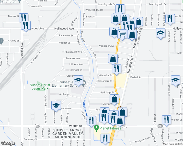 map of restaurants, bars, coffee shops, grocery stores, and more near 6311 West Canal Boulevard in Shreveport