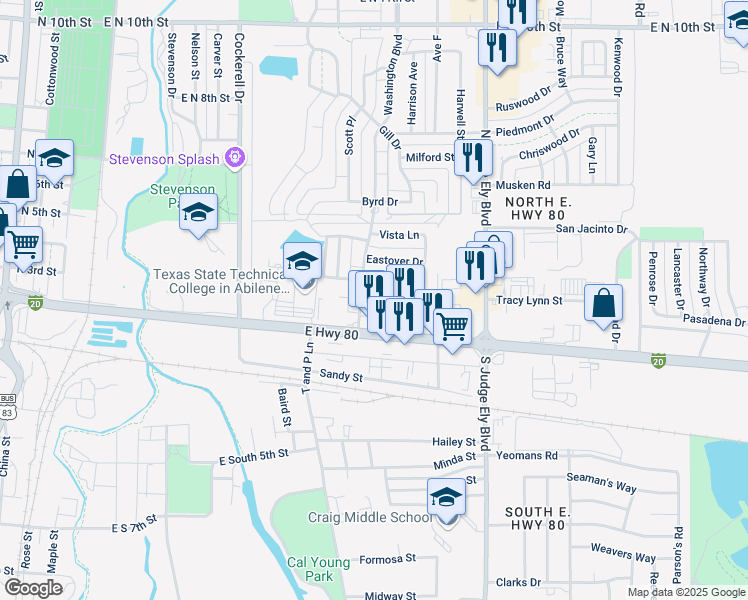 map of restaurants, bars, coffee shops, grocery stores, and more near 233 Washington Boulevard in Abilene