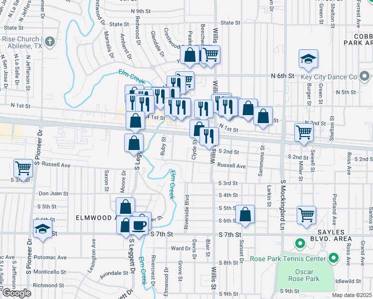 map of restaurants, bars, coffee shops, grocery stores, and more near 142 Clyde Street in Abilene