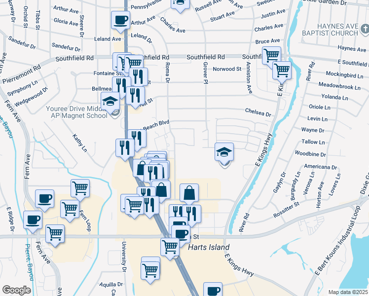 map of restaurants, bars, coffee shops, grocery stores, and more near 6051 Roma Drive in Shreveport