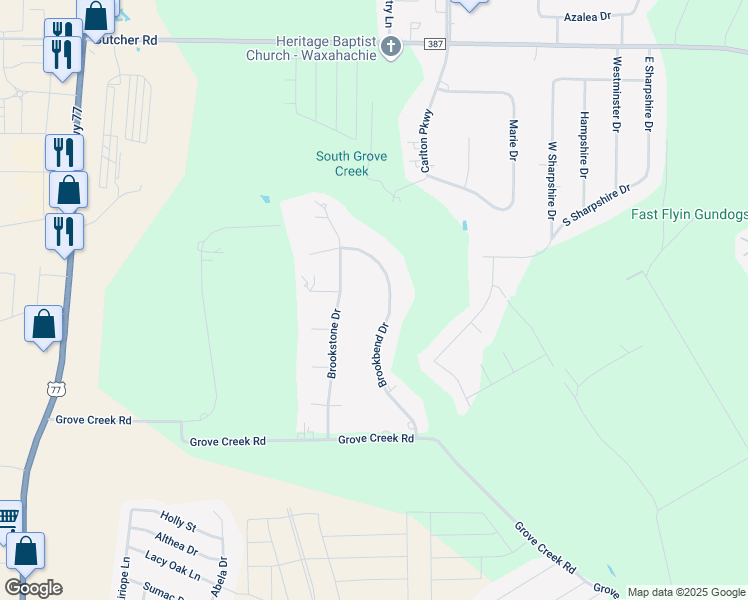 map of restaurants, bars, coffee shops, grocery stores, and more near 239 Brookbend Drive in Waxahachie
